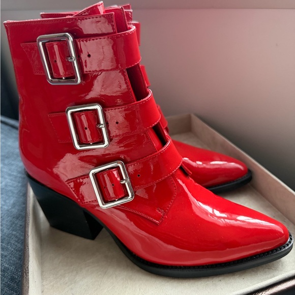 Django & Juliette Shoes - Django & Juliette Marzena Buckled Red Patent Leather Ankle Boots